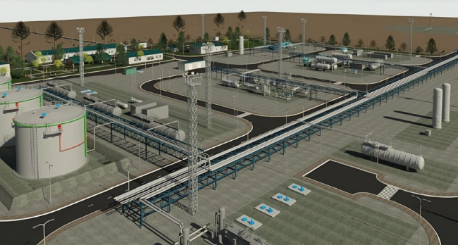 Industrial facility with storage tanks, pipelines, and processing equipment.